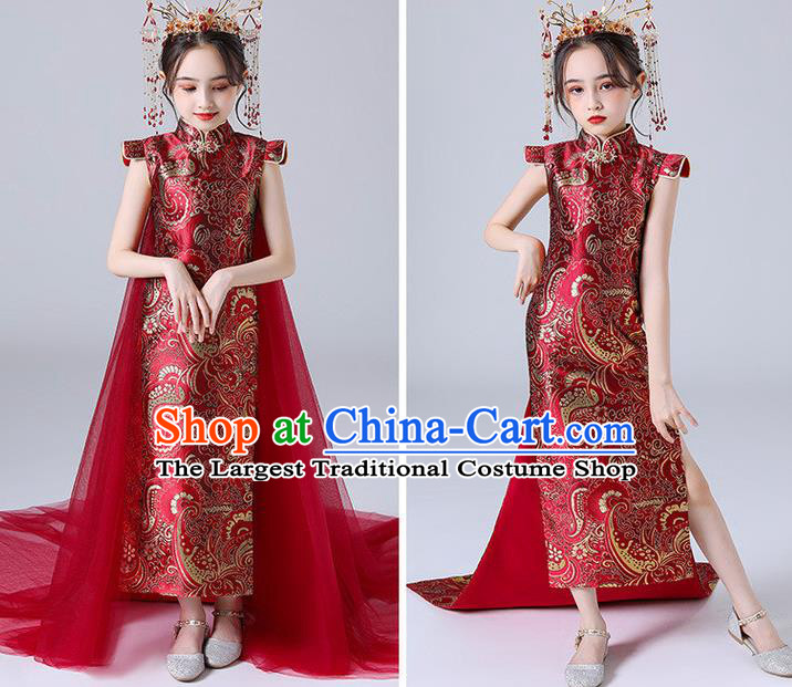 China Children Classical Dance Qipao Dress Compere Trailing Red Dress Girl Catwalks Clothing Stage Performance Garment Costume