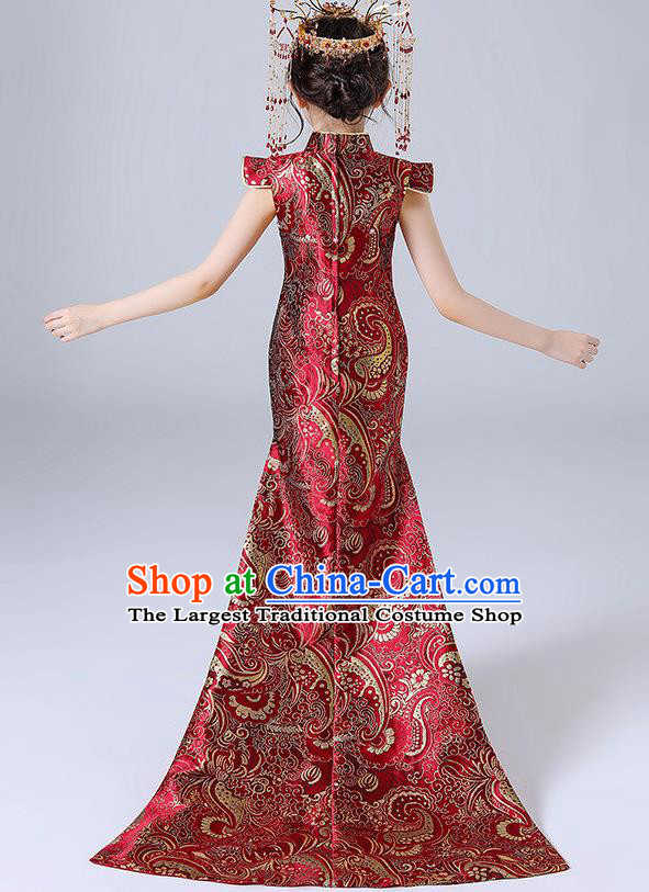 China Children Classical Dance Qipao Dress Compere Trailing Red Dress Girl Catwalks Clothing Stage Performance Garment Costume