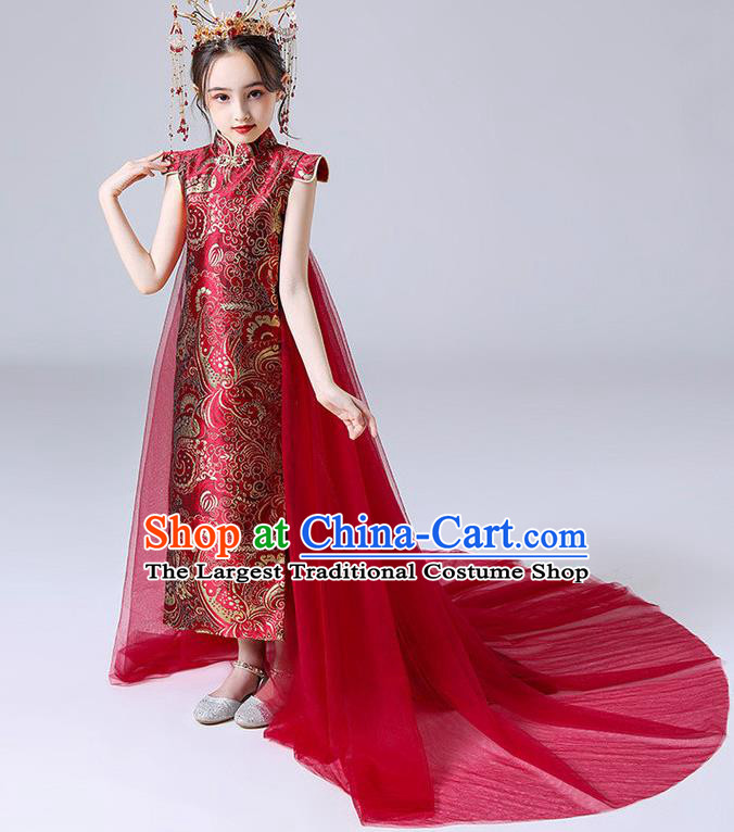 China Children Classical Dance Qipao Dress Compere Trailing Red Dress Girl Catwalks Clothing Stage Performance Garment Costume