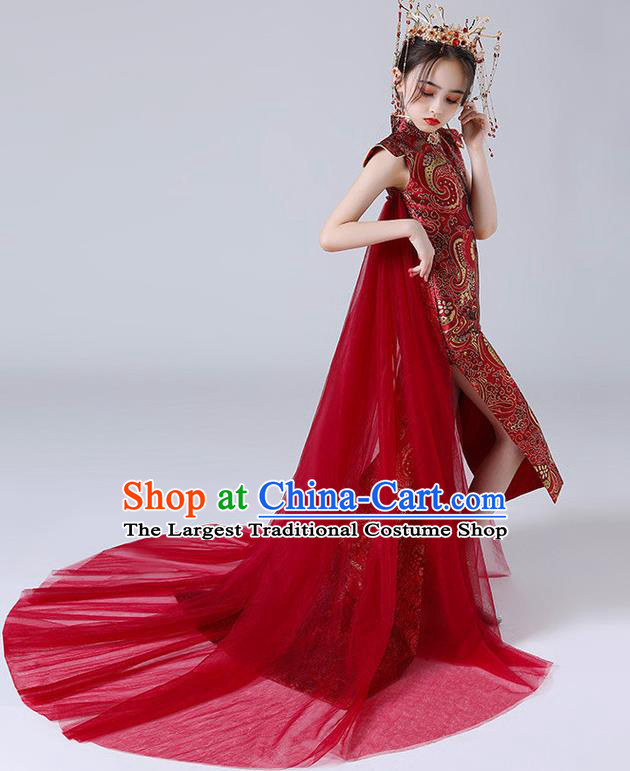 China Children Classical Dance Qipao Dress Compere Trailing Red Dress Girl Catwalks Clothing Stage Performance Garment Costume