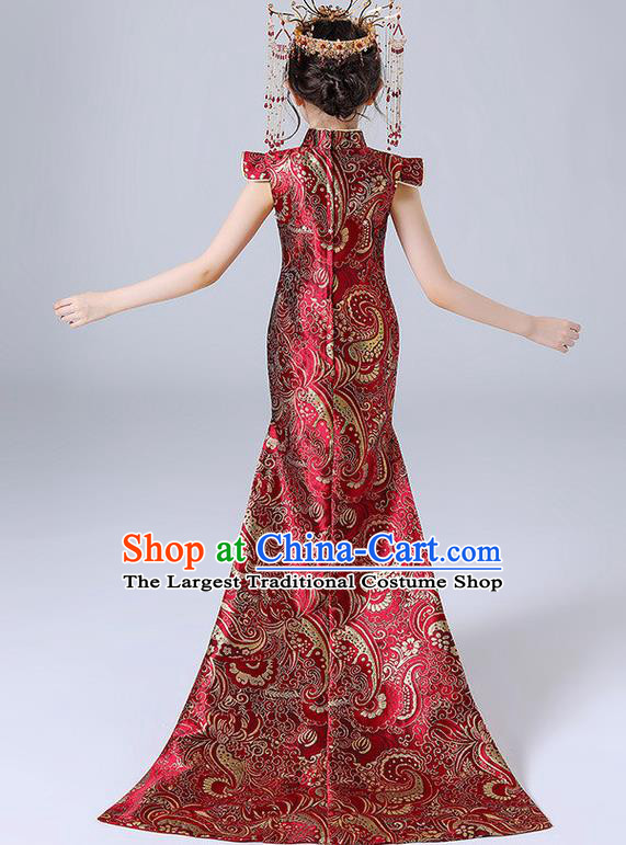 China Children Classical Dance Qipao Dress Compere Trailing Red Dress Girl Catwalks Clothing Stage Performance Garment Costume