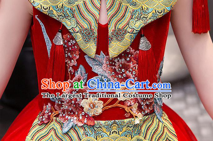 China Girl Catwalks Clothing Stage Performance Garment Costume Children Classical Dance Dress Compere Red Veil Dress