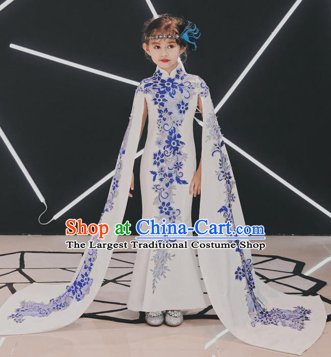China Children Classical Dance Embroidered Qipao Dress Compere Trailing Dress Girl Catwalks Clothing Stage Performance Garment Costume