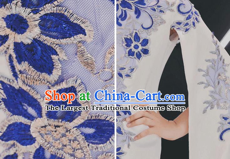 China Children Classical Dance Embroidered Qipao Dress Compere Trailing Dress Girl Catwalks Clothing Stage Performance Garment Costume