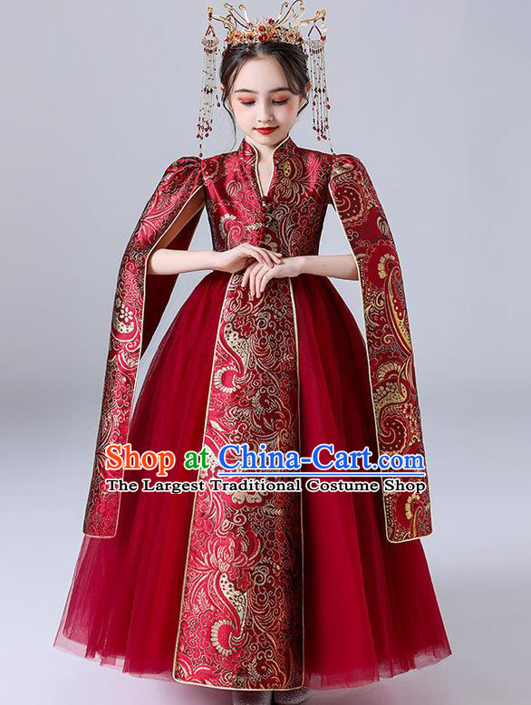 Custom Children Dancewear Girl Compere Fashion Clothing Stage Show Red Long Dress Catwalks Princess Full Dress