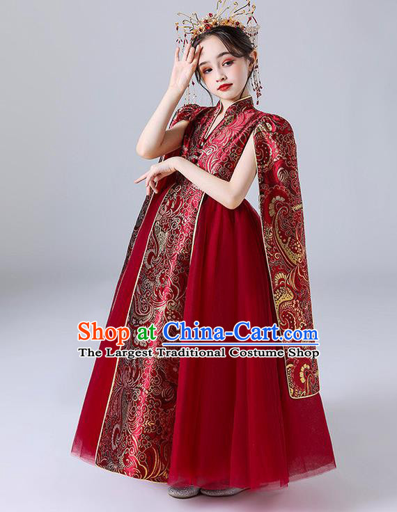 Custom Children Dancewear Girl Compere Fashion Clothing Stage Show Red Long Dress Catwalks Princess Full Dress