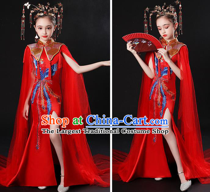 China Children Classical Red Embroidered Phoenix Uniforms Compere Garment Costume Girl Catwalks Formal Dress Stage Performance Clothing