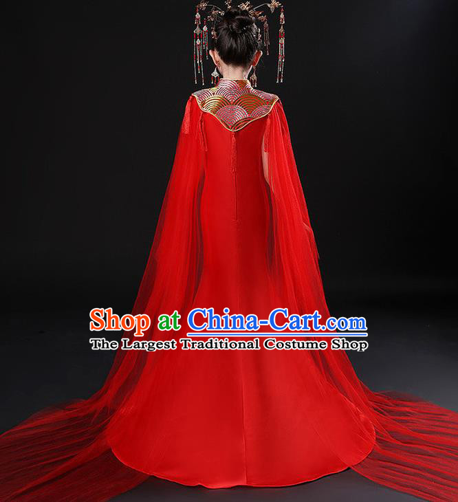 China Children Classical Red Embroidered Phoenix Uniforms Compere Garment Costume Girl Catwalks Formal Dress Stage Performance Clothing