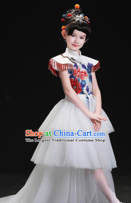 China Compere Garment Costumes Girl Catwalks Fashion Stage Performance Clothing Children White Veil Trailing Dress Uniforms