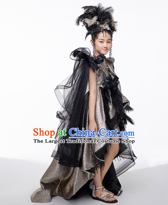 Custom Girl Stage Show Black Dress Children Catwalks Full Dress Baroque Birthday Garment Compere Fashion Clothing