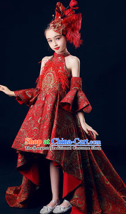 Custom Catwalks Princess Full Dress Children Dancewear Girl Compere Fashion Clothing Stage Show Red Trailing Dress