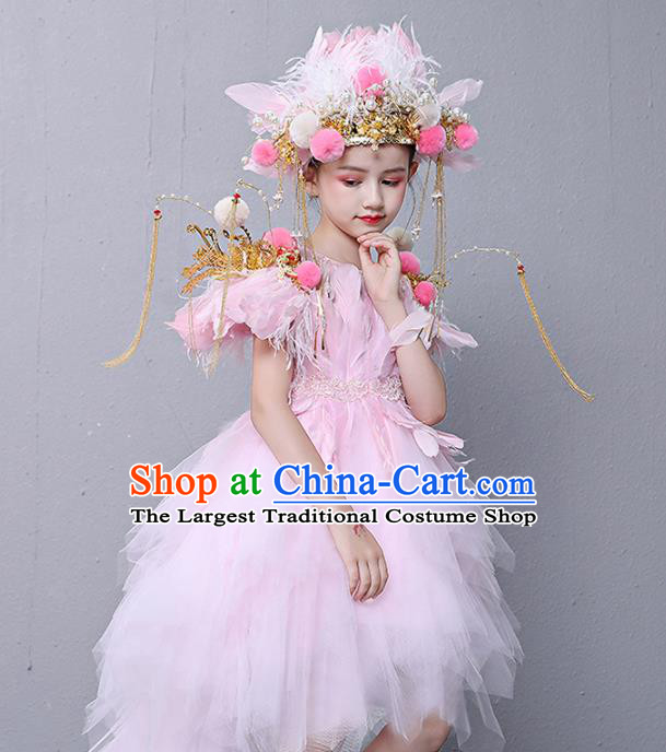 Custom Compere Feather Fashion Clothing Girl Stage Show Pink Veil Trailing Dress Catwalks Full Dress Children Birthday Garment