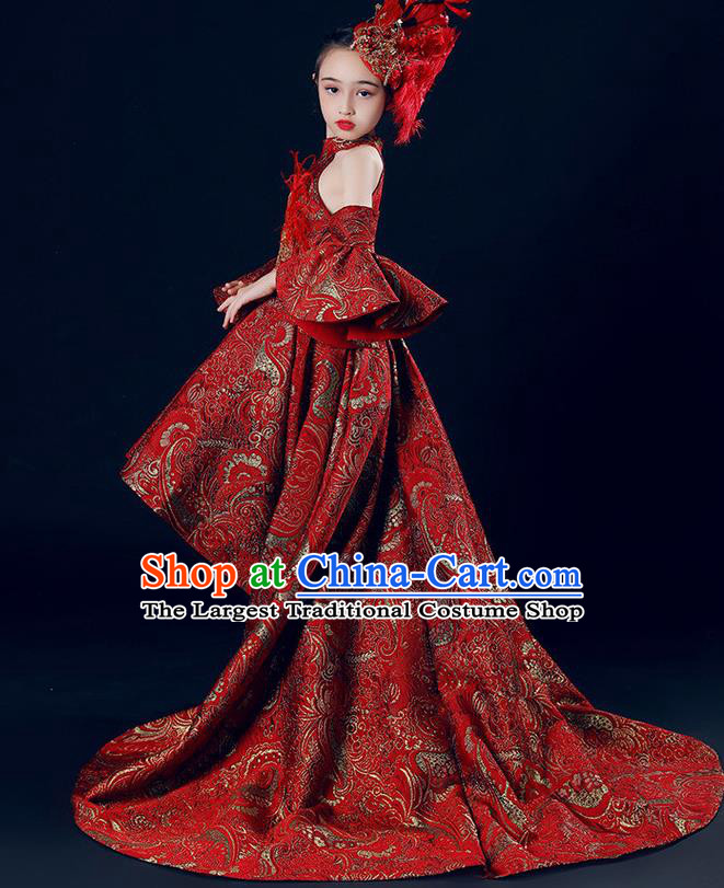 Custom Catwalks Princess Full Dress Children Dancewear Girl Compere Fashion Clothing Stage Show Red Trailing Dress