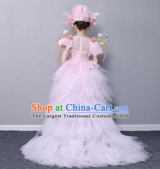 Custom Compere Feather Fashion Clothing Girl Stage Show Pink Veil Trailing Dress Catwalks Full Dress Children Birthday Garment