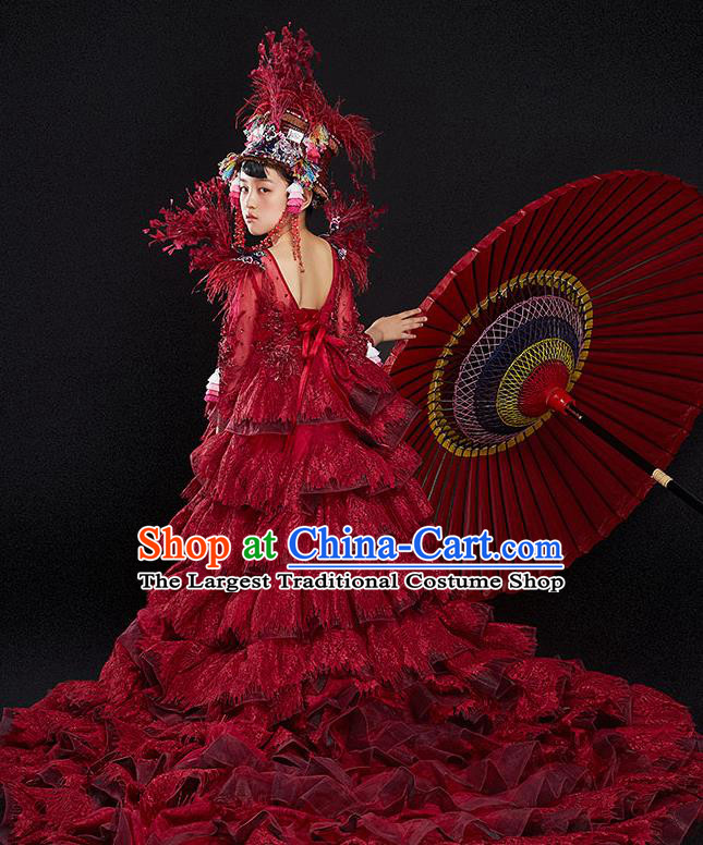 Custom Girl Stage Show Red Trailing Dress Catwalks Princess Full Dress Children Birthday Garment Compere Fashion Clothing