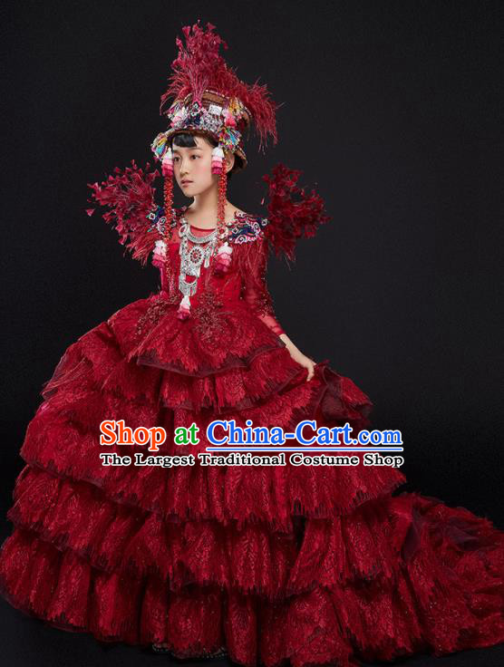 Custom Girl Stage Show Red Trailing Dress Catwalks Princess Full Dress Children Birthday Garment Compere Fashion Clothing