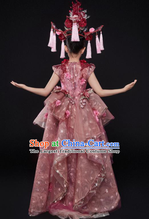Custom Compere Fashion Clothing Girl Stage Show Pink Dress Catwalks Princess Full Dress Children Birthday Flowers Garment