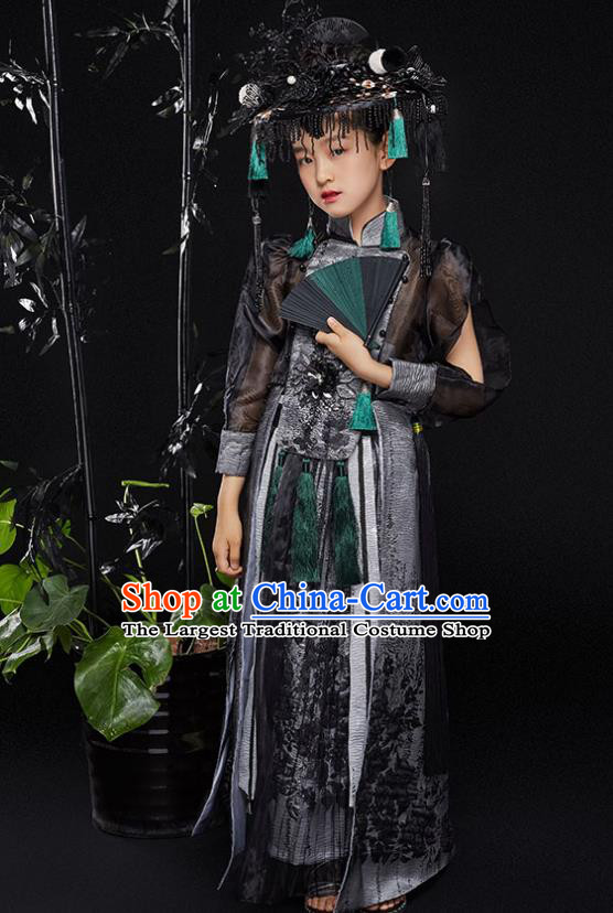China Children Performance Clothing Classical Dance Black Dress Uniforms Compere Garment Costumes Girl Catwalks Fashion