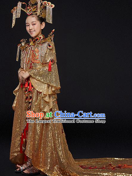 China Girl Catwalks Fashion Children Performance Clothing Classical Dance Golden Trailing Dress Uniforms Compere Garment Costumes