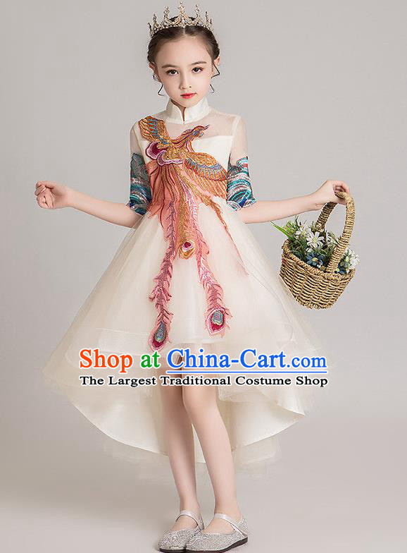 Custom Stage Show Embroidered Phoenix Dress Catwalks Princess Beige Full Dress Children Dancewear Girl Compere Fashion Clothing
