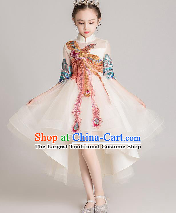 Custom Stage Show Embroidered Phoenix Dress Catwalks Princess Beige Full Dress Children Dancewear Girl Compere Fashion Clothing