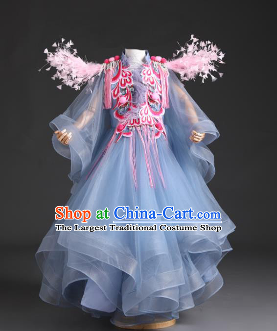 Custom Children Birthday Performance Garment Compere Fashion Clothing Girl Stage Show Blue Dress Catwalks Princess Full Dress