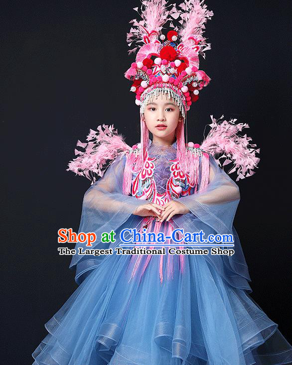 Custom Children Birthday Performance Garment Compere Fashion Clothing Girl Stage Show Blue Dress Catwalks Princess Full Dress