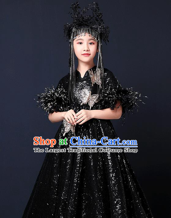 Custom Catwalks Princess Black Full Dress Children Birthday Performance Garment Compere Fashion Clothing Girl Stage Show Trailing Dress