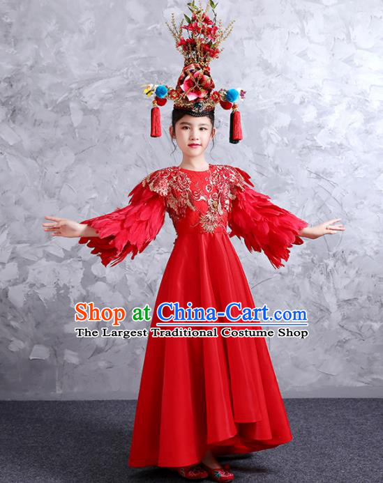 China Classical Dance Red Feather Dress Compere Garment Costumes Girl Catwalks Fashion Children Performance Clothing and Headdress