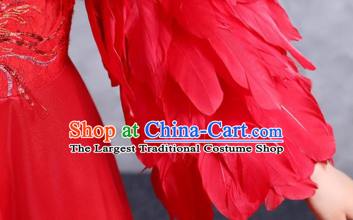 China Classical Dance Red Feather Dress Compere Garment Costumes Girl Catwalks Fashion Children Performance Clothing and Headdress