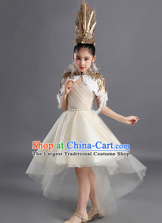 Custom Children Performance Fashion Garment Compere Competition Clothing Girl Stage Show Dress Catwalks Beige Veil Full Dress