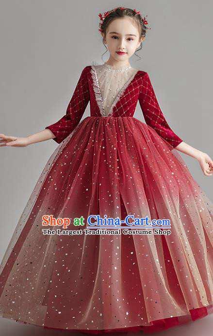 Custom Stage Show Wine Red Velvet Dress Catwalks Full Dress Children Birthday Garment Girl Compere Fashion Clothing
