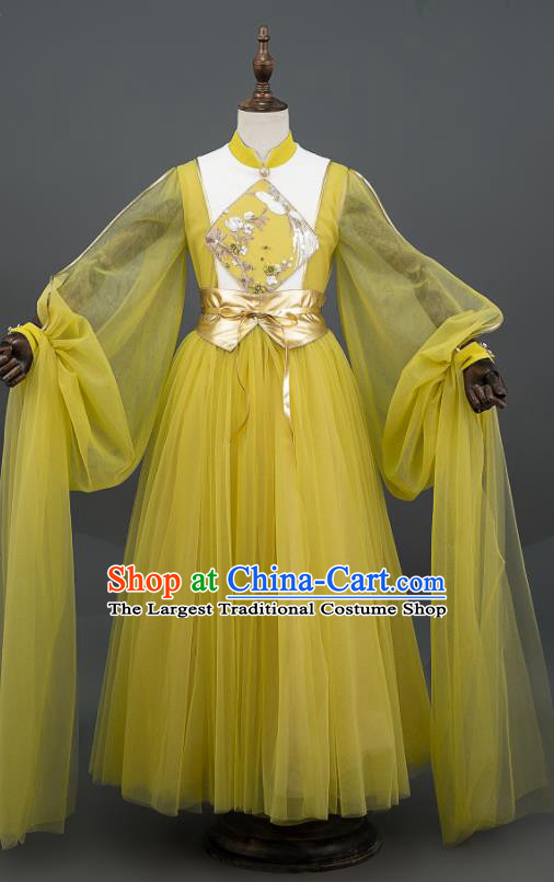 China Girl Chorus Garment Costumes Catwalks Fashion Children Stage Show Clothing Classical Dance Yellow Dress