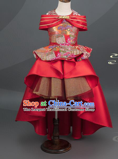 Custom Children Piano Performance Full Dress Baby Princess Clothing Stage Show Red Bubble Dress Girl Catwalks Fashion