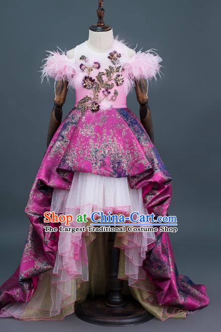 Custom Kid Birthday Clothing Flowers Fairy Purple Trailing Dress Girl Stage Catwalks Fashion Children Dance Full Dress