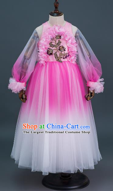 Custom Girl Princess Fashion Children Stage Show Full Dress Kid Birthday Clothing Flowers Fairy Pink Veil Dress
