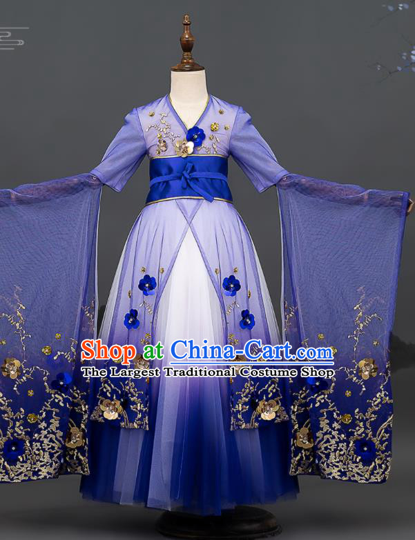 Custom Kid Performance Clothing Compere Show Royalblue Dress Girl Chorus Embroidered Fashion Children Full Dress