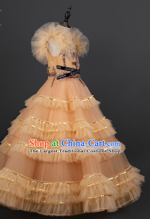 Custom Kid Compere Formal Clothing Children Piano Recital Ginger Veil Dress Girl Birthday Fashion Princess Full Dress