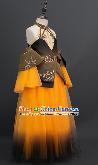 Custom Princess Yellow Veil Full Dress Kid Compere Formal Clothing Children Piano Recital Dress Girl Birthday Fashion