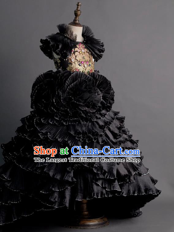 Custom Children Piano Recital Garment Girl Black Trailing Full Dress Baroque Princess Formal Clothing Kid Compere Dress