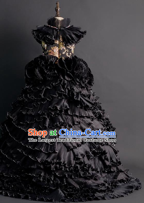 Custom Children Piano Recital Garment Girl Black Trailing Full Dress Baroque Princess Formal Clothing Kid Compere Dress