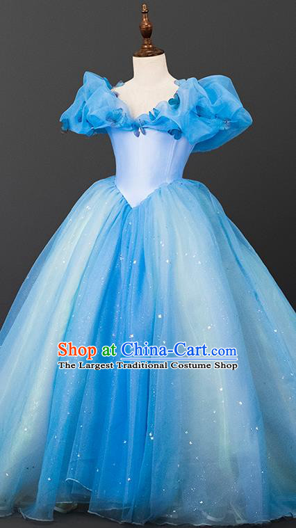 Custom Kid Stage Performance Dress Children Catwalks Garment Girl Blue Full Dress Halloween Princess Clothing