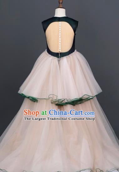 Custom Flowers Fairy Clothing Kid Stage Performance Veil Trailing Dress Children Catwalks Garment Girl Deep Green Full Dress
