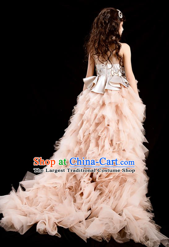 Custom Girl Champagne Full Dress Flowers Fairy Clothing Kid Stage Performance Trailing Veil Dress Children Catwalks Garment