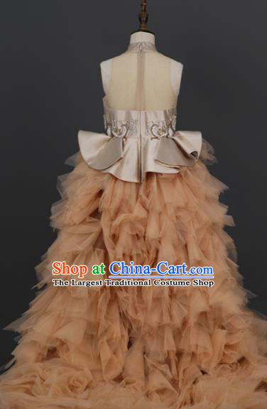 Custom Girl Champagne Full Dress Flowers Fairy Clothing Kid Stage Performance Trailing Veil Dress Children Catwalks Garment