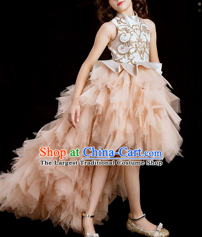 Custom Girl Champagne Full Dress Flowers Fairy Clothing Kid Stage Performance Trailing Veil Dress Children Catwalks Garment