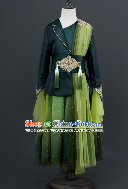 Top China Kid Chorus Green Uniforms Boys Childe Catwalks Wear Children Tang Suit Clothing Classical Dance Costumes