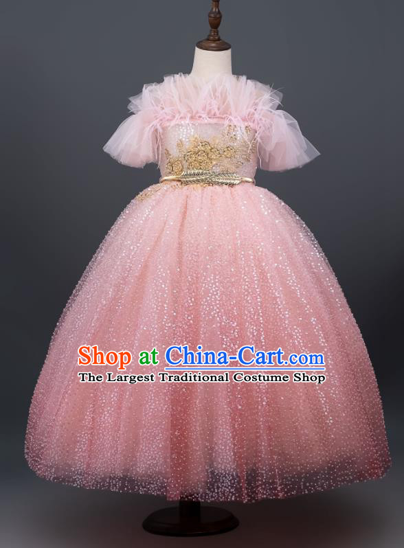 Custom Children Compere Garment Girl Princess Pink Full Dress Modern Dance Clothing Kid Christmas Performance Dress
