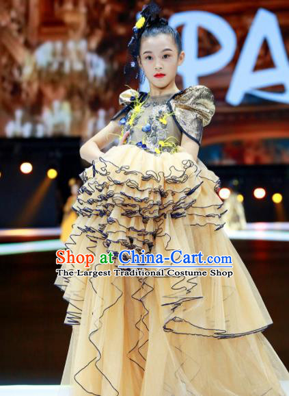 Custom Kid Piano Performance Trailing Dress Children Compere Garment Girl Princess Ginger Full Dress Chorus Clothing
