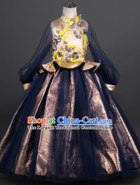 Custom Princess Navy Veil Full Dress Kid Formal Clothing Children Piano Recital Dress Girl Birthday Fashion